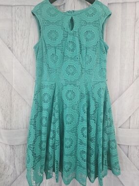 London Style Collection Teal Lace Fit & Flare Dress Size 16 – Keyhole Back